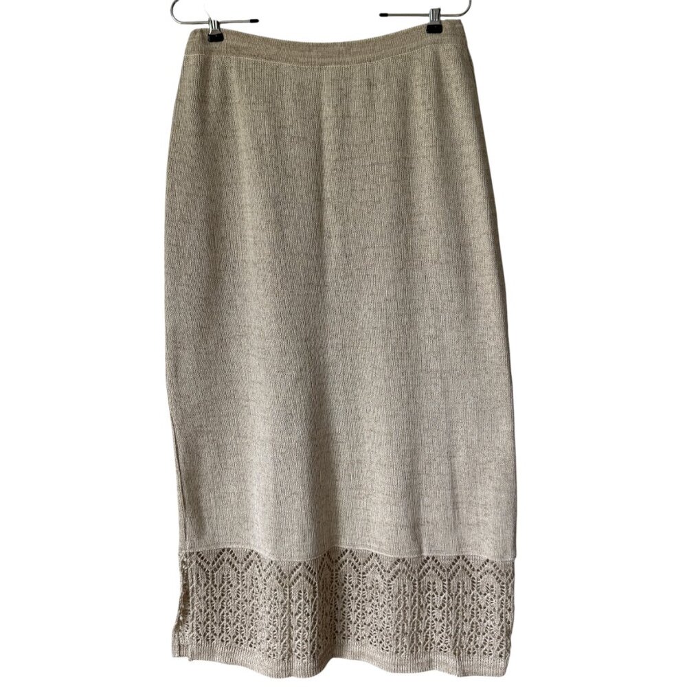 Vintage Horveit Knit Skirt Linen Cotton Straight Neutral Taupe Open Weave Bottom
